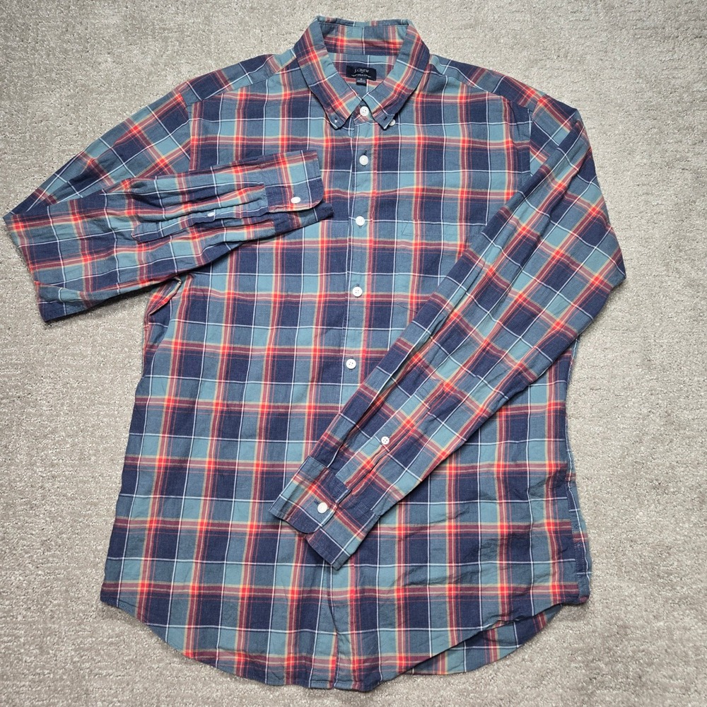 J.Crew Mens Heathered Cotton Plaid Button Down Shirt Blue Red Size M